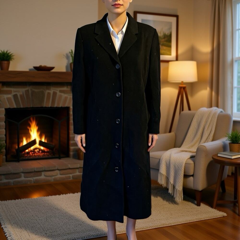 VTG LL Bean Long Coat Women 8 Petite Wool Nylon Cashmere Black ButtonUp OldMoney